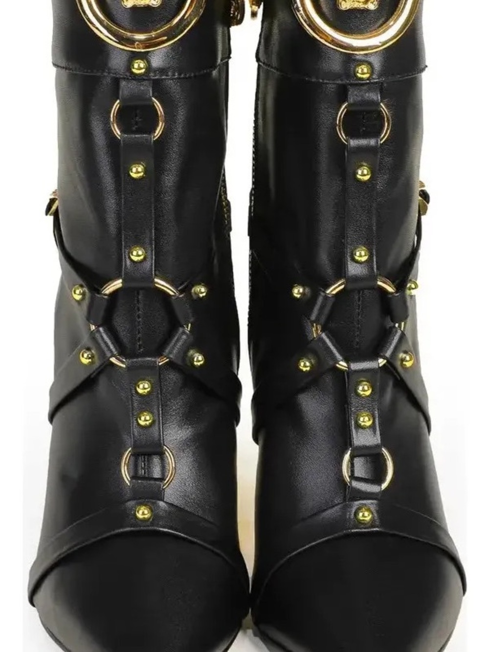Black Women's Faux Leather Ankle Boots with Gold Hardware